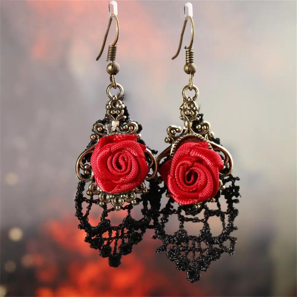 Dangle Earrings Portable Ladies Flower Shape Hook Earrings Elegant Eardrops Women Hollow Red Rose Hook Dangle Earrings