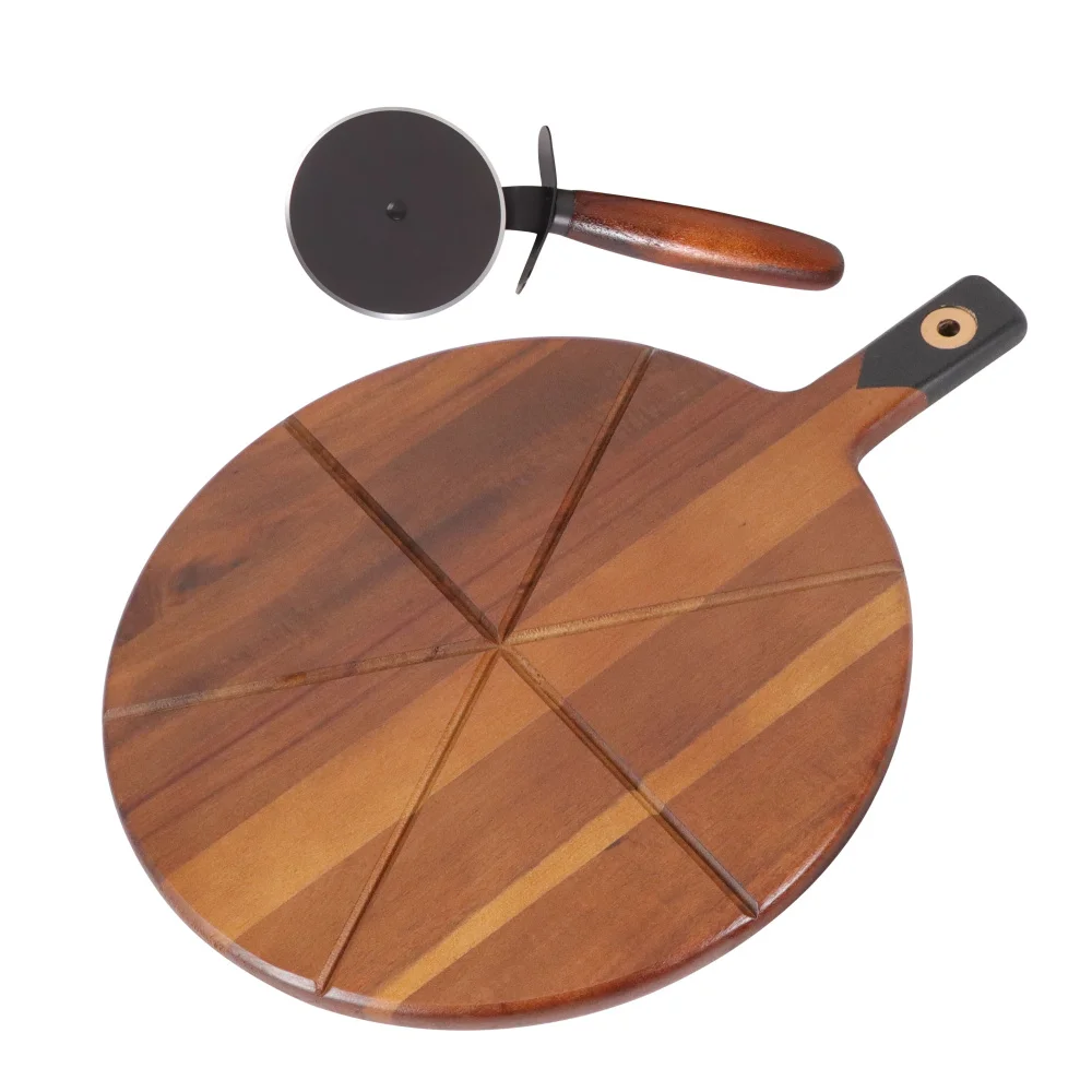 

Pizza Rolling Knife Board Set Roller Pizza Cutter Wheel Stainless Steel Natural Acacia Wood Pancake Cutting Board Kitchen Tool