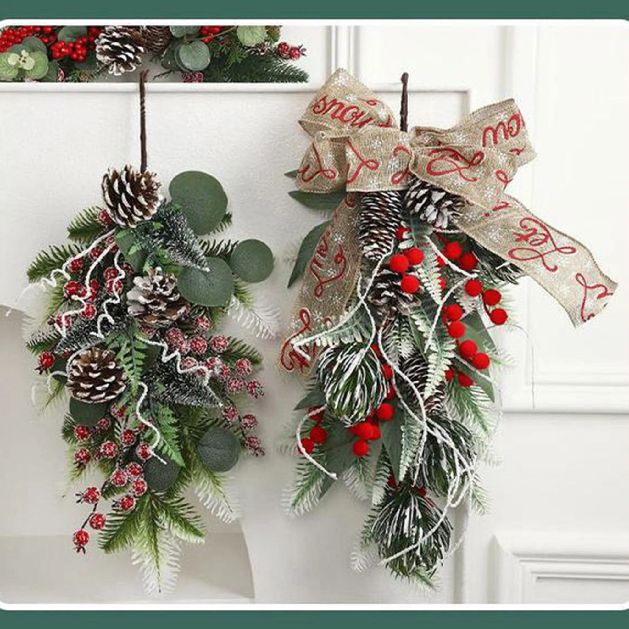 2025 New Years Christmas Swag Wreath Burlap Bowknot Red Berries Hanging Upside Down Garlands for Xmas Party Festival Pendant