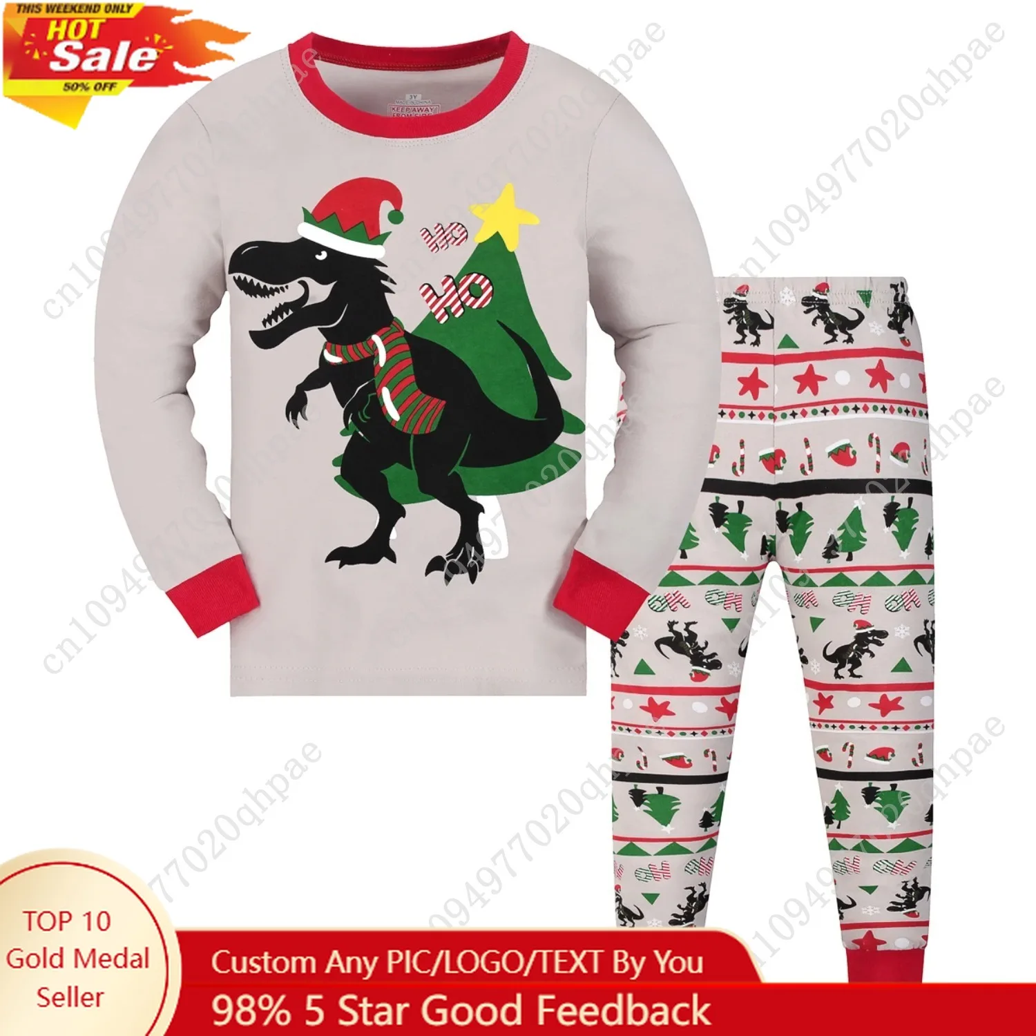 1615 set pigiama con pantaloni lunghi e maniche lunghe con motivo dinosauro natalizio ignifugo, adatto ai ragazzi dai 2 ai 9 anni