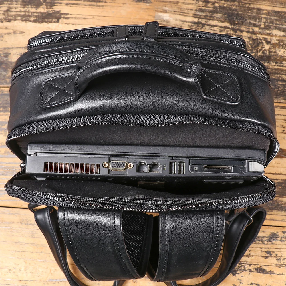 New Genuine Leather Black Backpack, High-Quality First-Layer Cowhide, Large-Capacity Laptop Bag That Fits a15.6-Inch Computer.