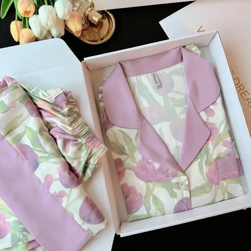 Luxury Ice Silk Sleepwear Women Pajama Set Short Sleeve Cardigan Shorts Two Piece Loungewear Print Thin Nightwear Kawaii Clothes