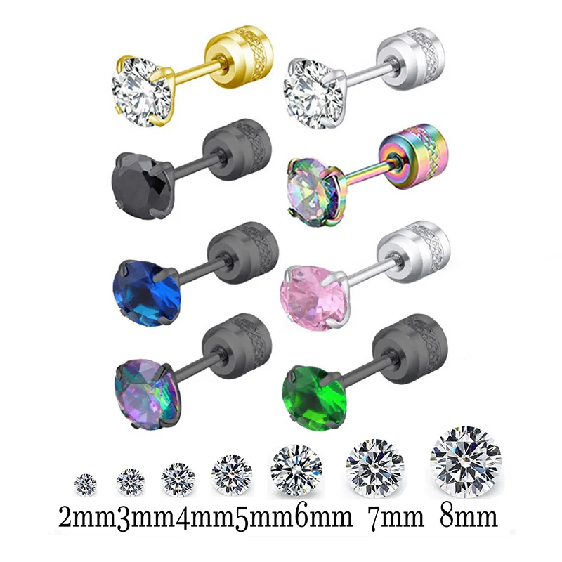 1Pair/2Pcs Multicolor 4 Prong Fine Pin Stud Earrings For Women/Men Stainless Steel Ear Cartilage Piercing Earring Jewelry