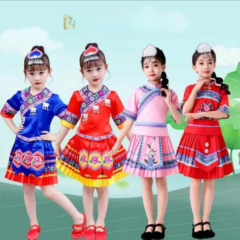 

Футболка March, этнический костюм, детская одежда Guangxi Zhuang для девочек, одежда Minori, новый костюм Sle Zhuang для малышей, костюм для выступлений