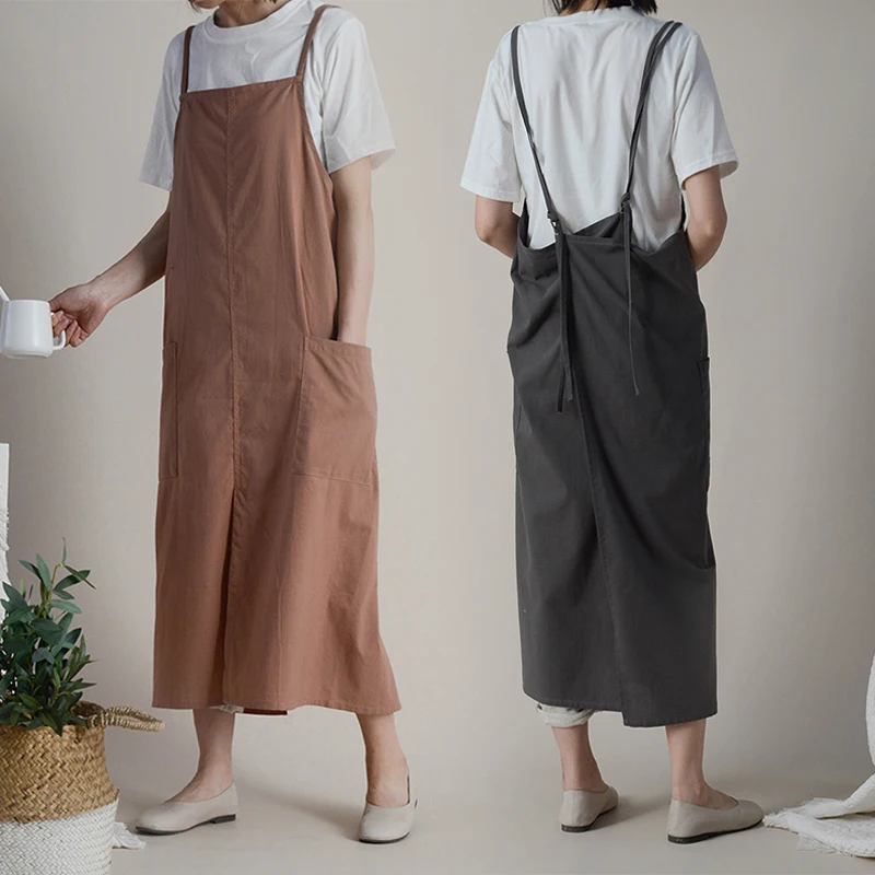 Japanese Women's Cotton Linen Apron Waterproof Adjustable Korean Harajuku Apron Simple Artistic Solid Color Work Aprons Pocket