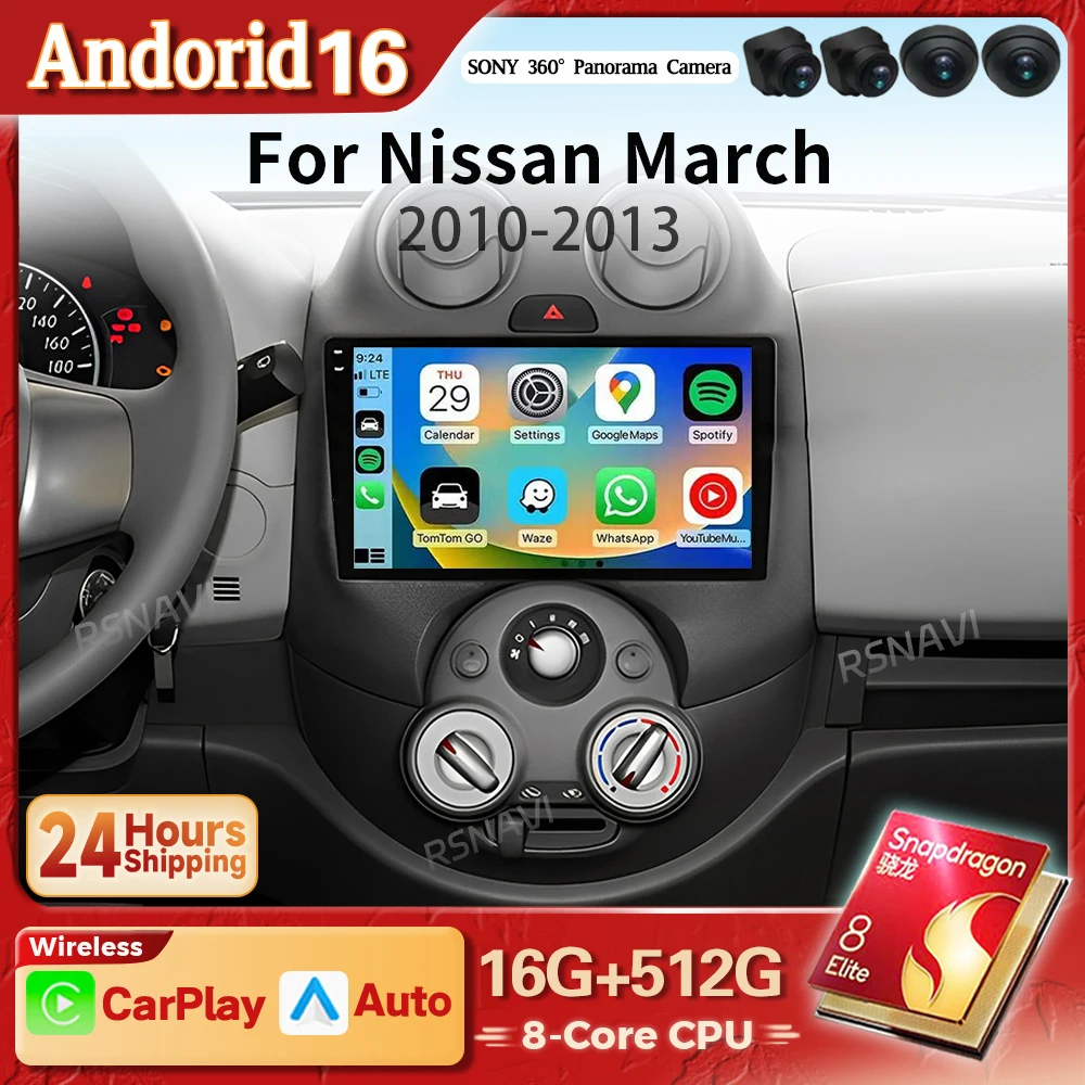 Radio para Auto con Qualcomm Snapdragon, Android 16, Carplay, para Nissan March Micra 2010 2011 - 2013, Reproductor Inalámbrico, Navegación, WIFI