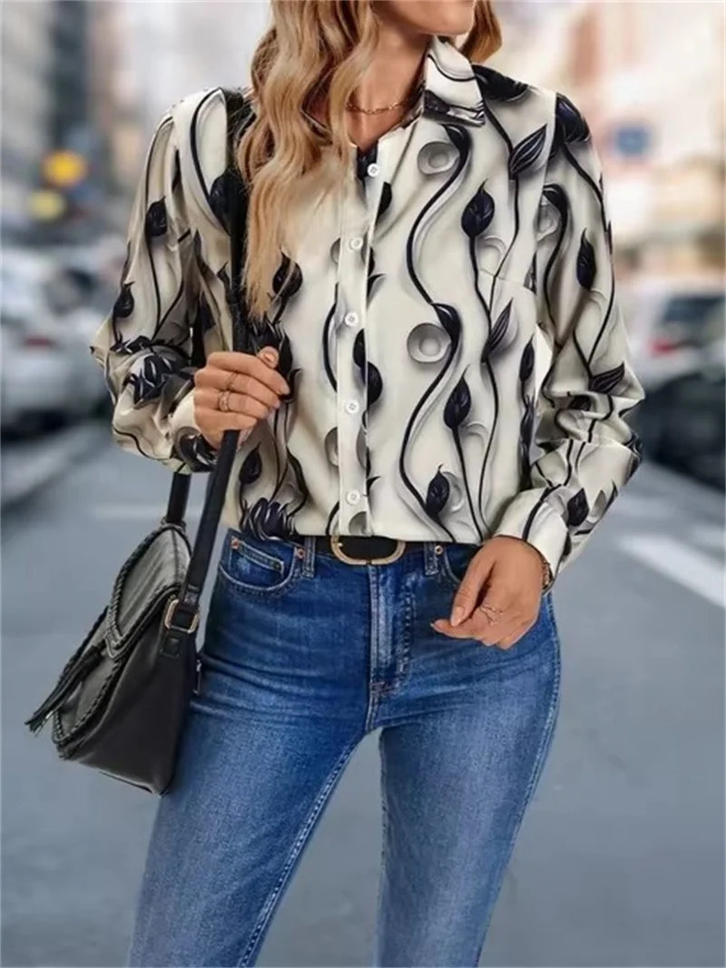 Love heart Pattern Print Women\'s Blouses Fashion Elegant Lapel Long Sleeve Shirt Spring New 2025 Women\'s Single Breasted Shirts