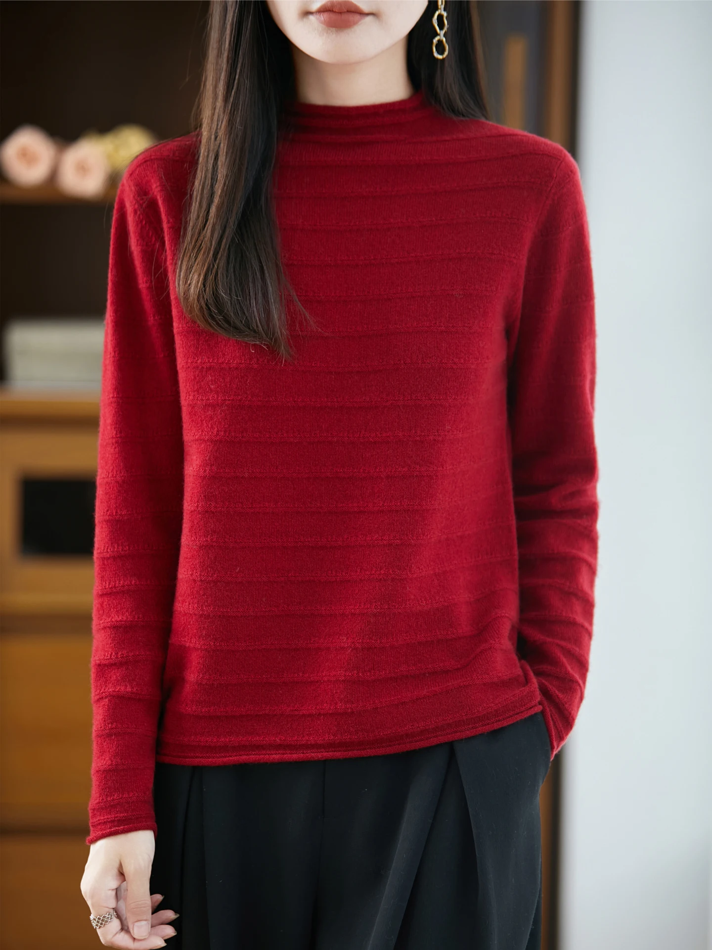 

New Autumn Winter Women's Sweaster 100% Merino Wool Knitwear Mock Collar Pullover Lady Blouse Long Sleeve Clothing Female Tops