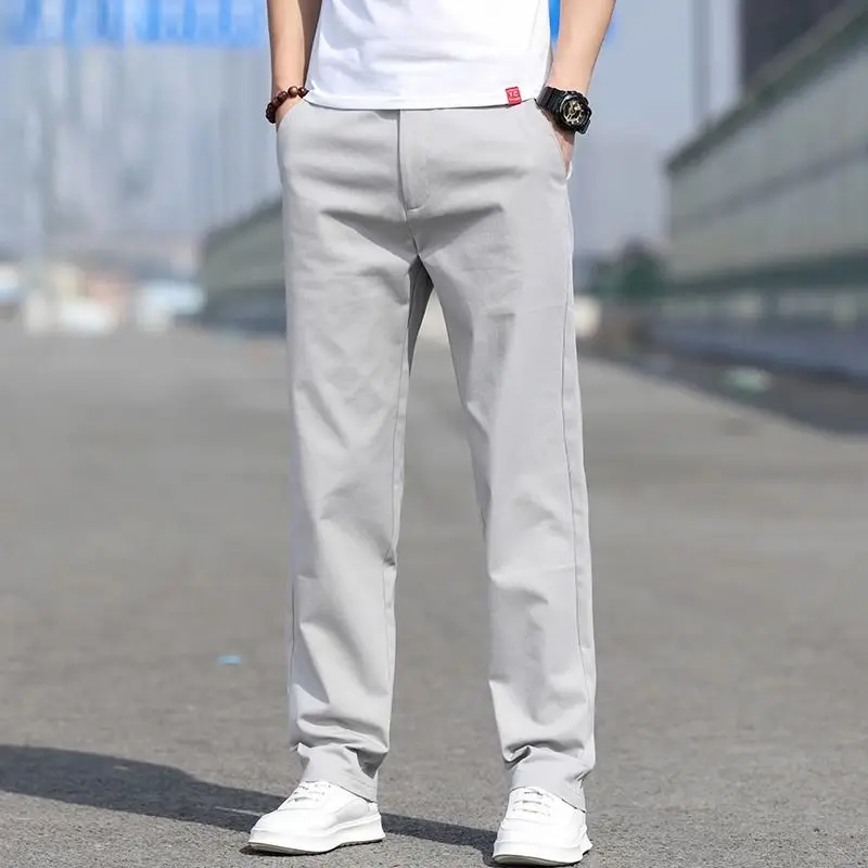 

Men Light Gray Straight Leg Pants Mid Waist Button Fly Casual Trousers Comfortable Breathable Daily Wear