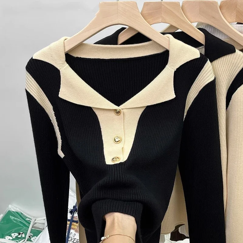 Boreathiman Autumn/Winter Knitted Sweater Chic Slim Polo Neck Tops Niche Thickened Sweater Bottoming Shirt Female Underwear