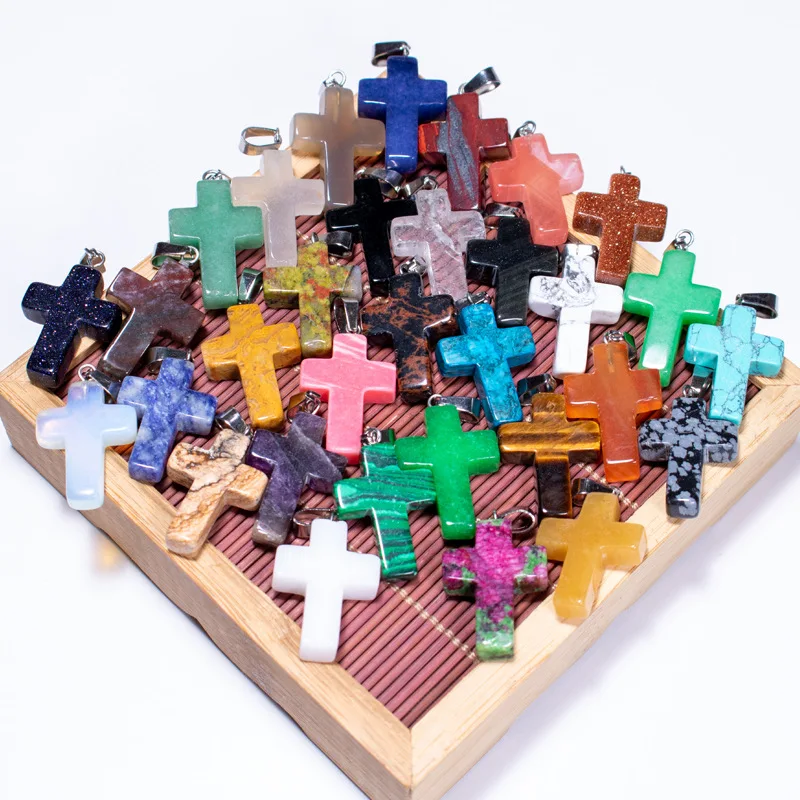 

20pcs/ Bag Natural Crystal Stone Cross Pendant Mixed Color Rose Quartz Crystal Stone Pendant Necklace Gemstone Jewelry