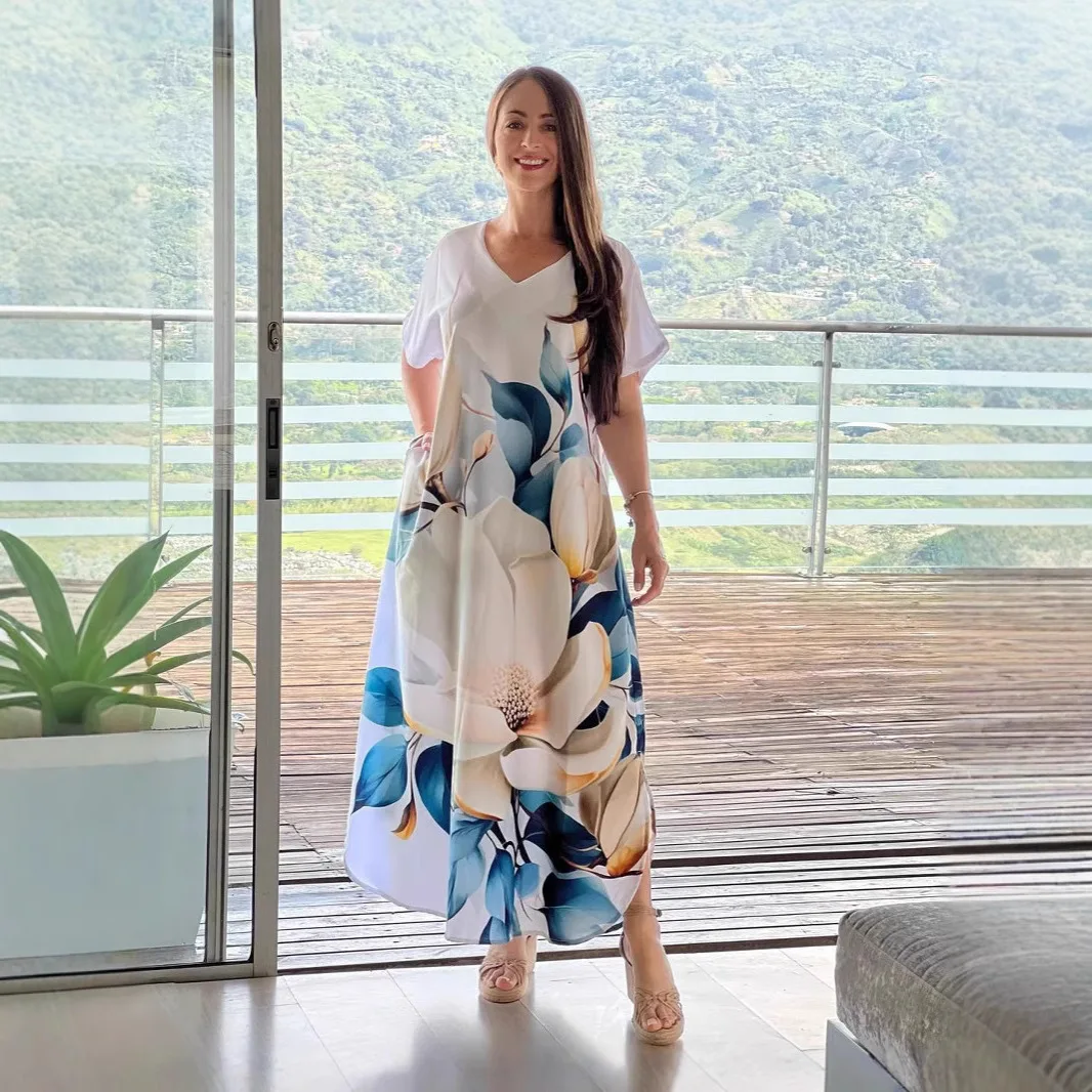 Długa sukienka damska z dekoltem w serek, maxi sukienka w kwiatowy wzór, sukienka plażowa plus size na wakacje, sukienka boho na imprezę dla kobiet, sukienki damskie 2025