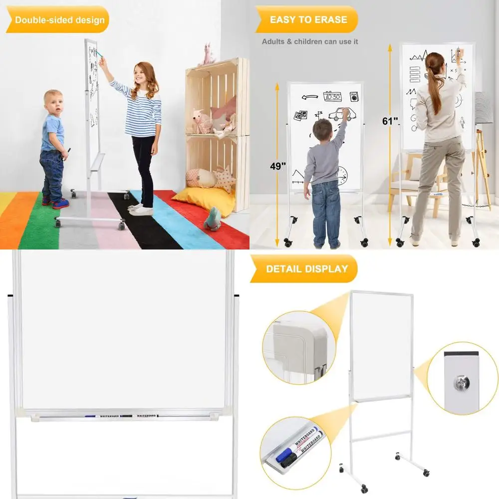 لوح مسح جاف مغناطيسي مزدوج الجوانب بارتفاع قابل للتعديل مع حامل، 24 × 36، على عجلات للاستخدام المنزلي والمكتب والمدرسة #1
