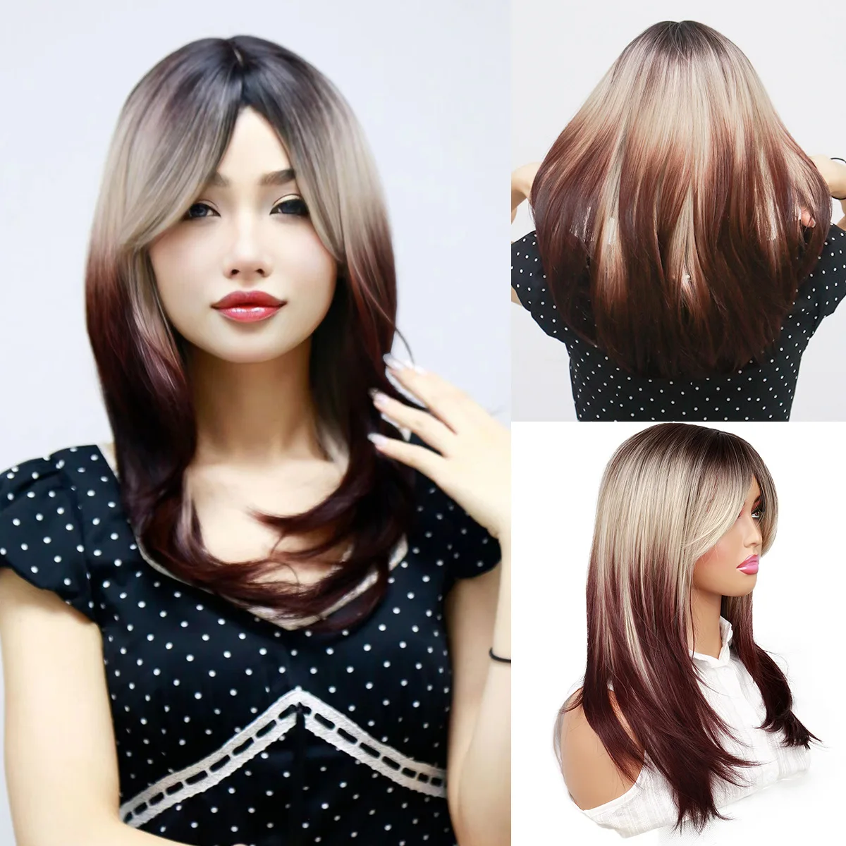 Medium and long hair wig female punk wind gradual change red purple simulation hair full head cover cosplay