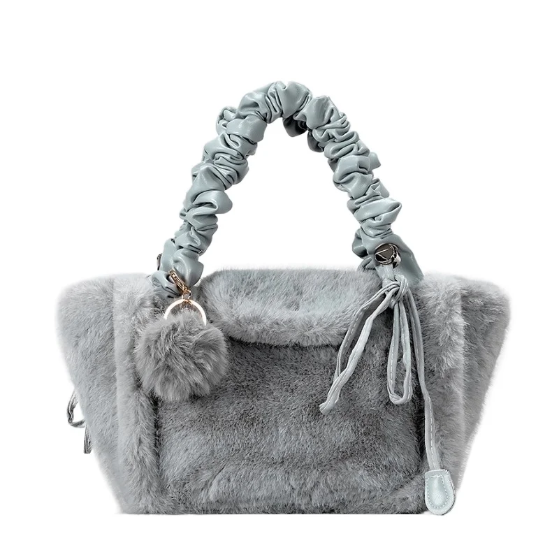 

Cute Furry Bag Winter Trend Pleated Handle Solid Color Faux Fur Tote Bag Fashionable and Versatile Soft Plush Female Handbag