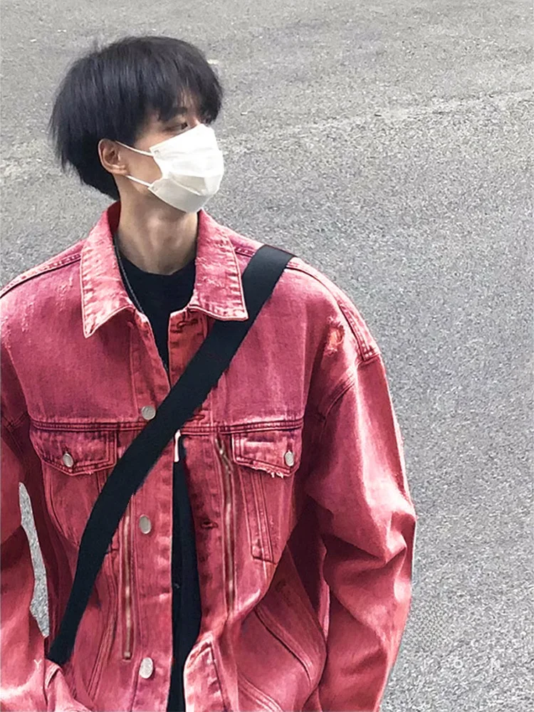 

Pink American Retro Sle Men's Denim Jaet oulder Pads ort High-End Feeling Cool Trendy Brand Jeans Coat Couple Jaet