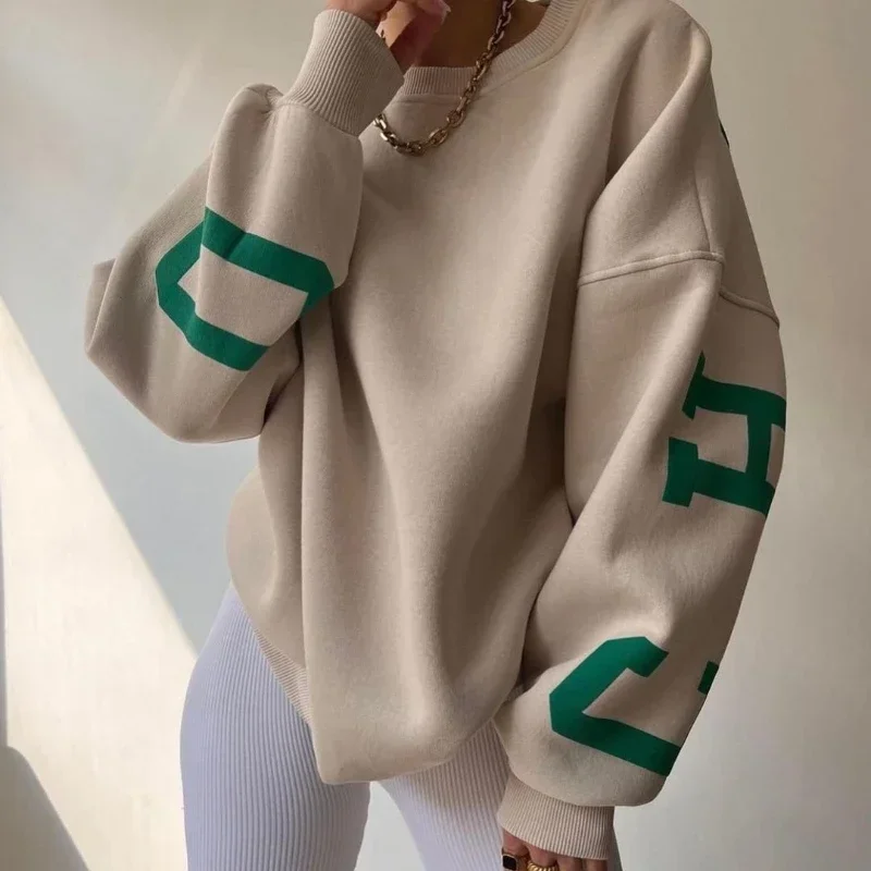 Casual Letters Print Sweatshirt Women Fashion Fleece Long Sleeve Loose Hoodies Y2k Streetwear 2023 Autumn Winter Lady Pullovers