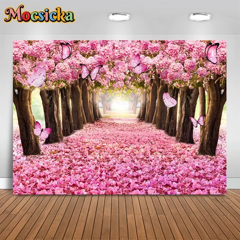 

Mocsicka Spring Photography Background Pink Floral Butterfly Sweet Female New Birthday Wedding Party Backdrop Photobooth