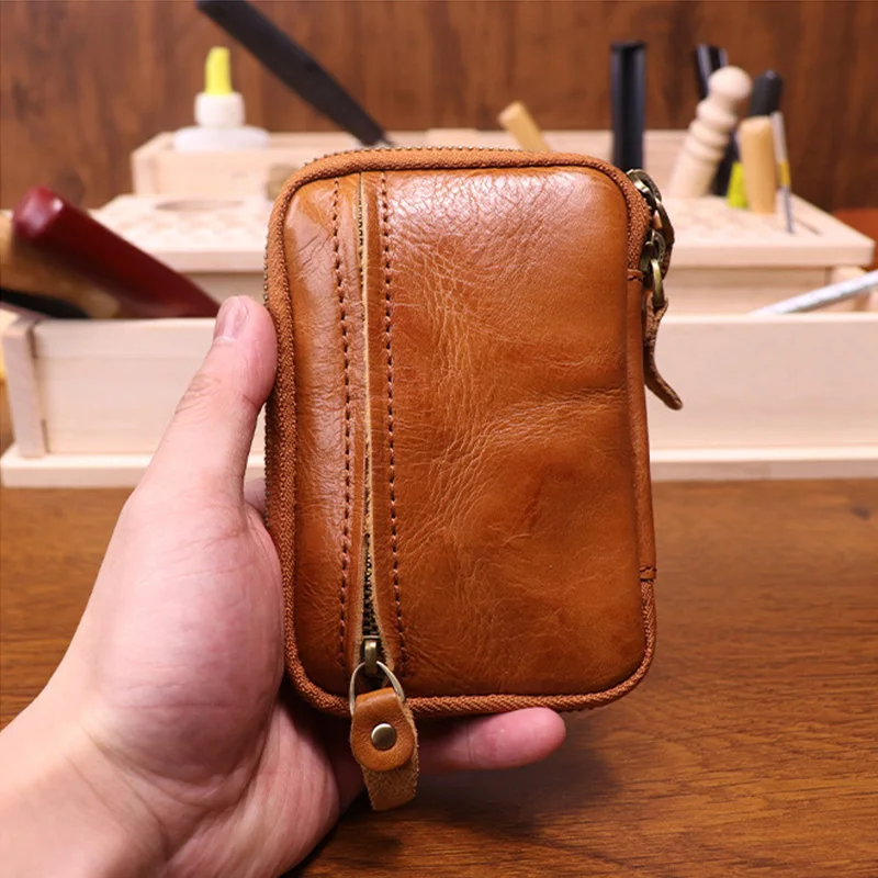Schlüsseltasche aus echtem Rindsleder, einfarbig, quadratisch, für Karten, Schlüssel, Organizer, Schlüsselanhänger, Retro-Geldbörse, Vintage-Schlüsseletui mit Reißverschluss