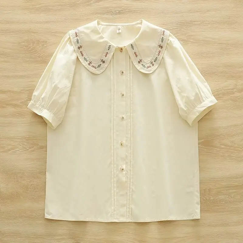 New Spring Cotton Casual Shirt Women Embroidery Loose Blouses Mori Girl Short Sleeve Peter Pan Collar Top 2024 Summer T45538QM