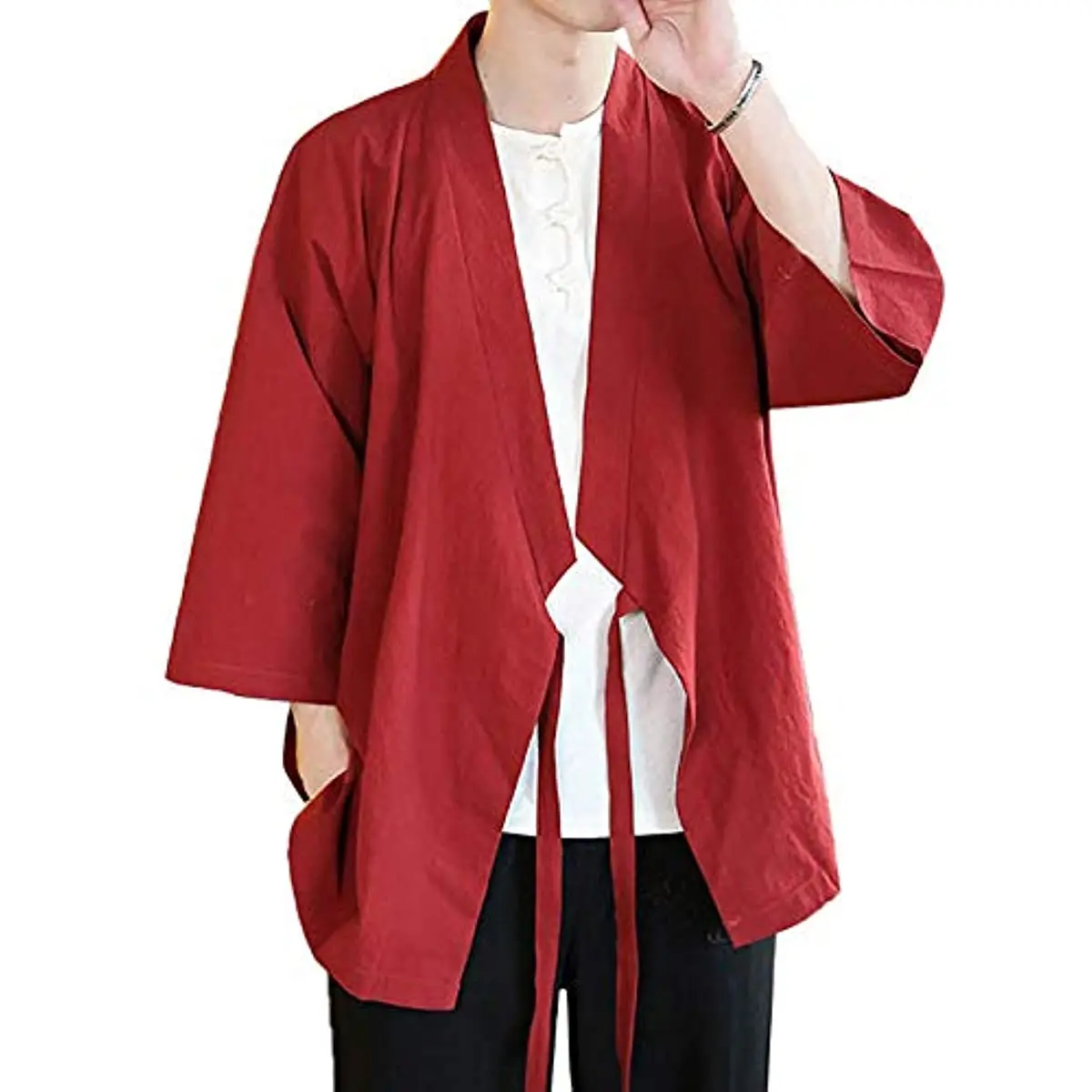 Men\'s Chinese Style Linen Cardigan Jacket Loose Kimono Jacket Solid Color Self-tie Hanfu Traditional Clothing 5XL