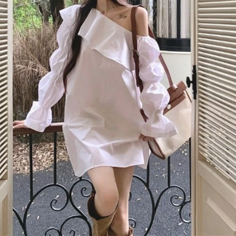 

Gentle Wind Ruffle Edge Slanted Shoulder Dress Femininity High Sense Beautiful Loose A Word Short Skirt