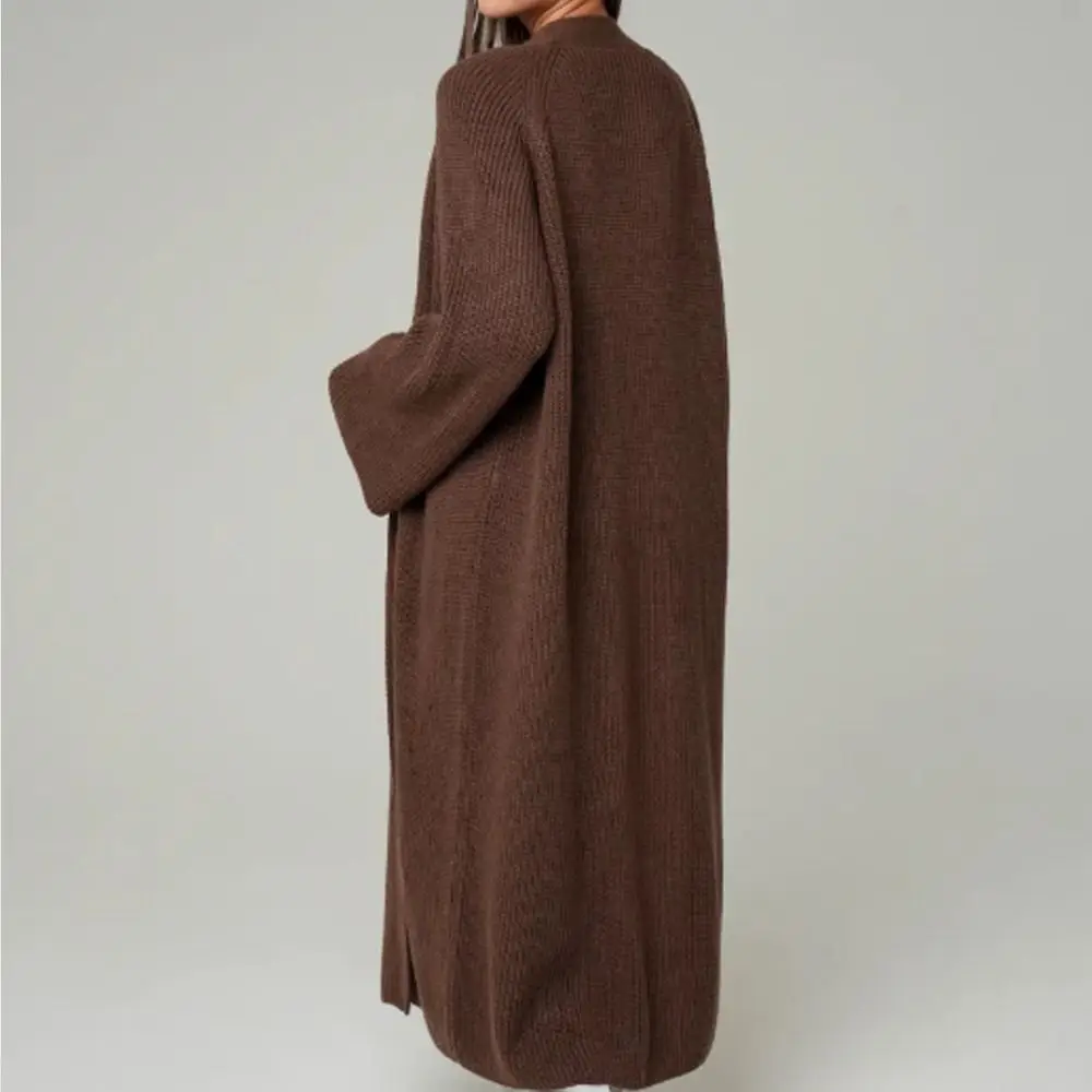 Creative Gift Knitted Fabric Women Long Cardigan Side Slits Open Front Fuzzy Cardigan Warm Wide Sleeves Casual Outfit Streetwear