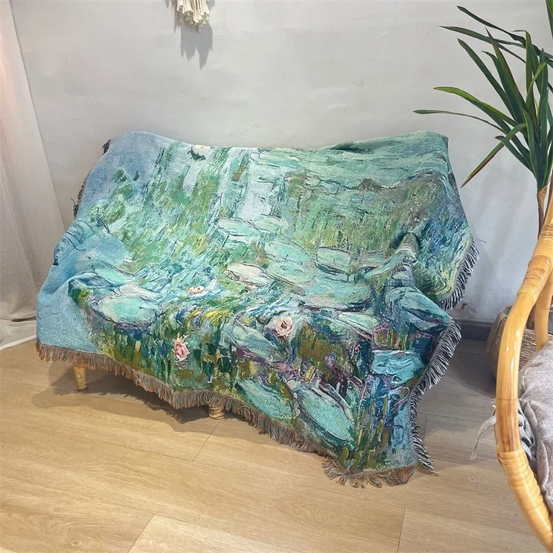

Vintage Monet Water Lilies Woven Throw Blanket Tassel Fringe Soft Cozy Blanket for Couch Sofa Home Decor Outdoor Camping Blanket