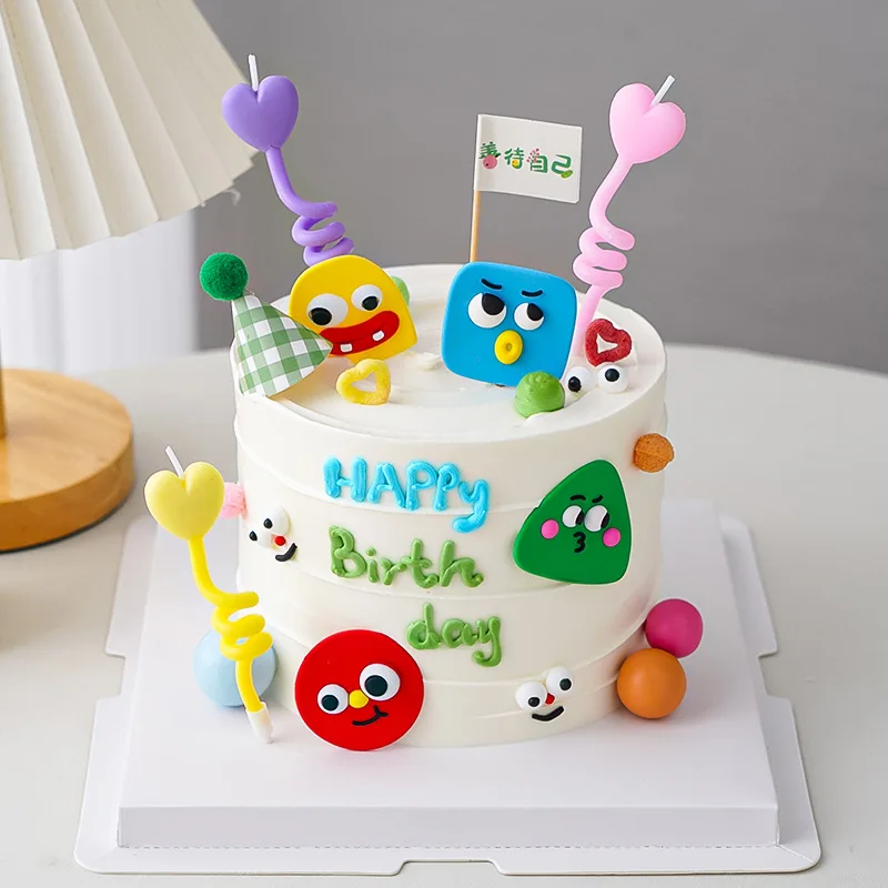 Ins Dopamine Soft Rubber Funny Expression Cake Decoration Piece, Inedible Square Smiling Face Dessert Plugin