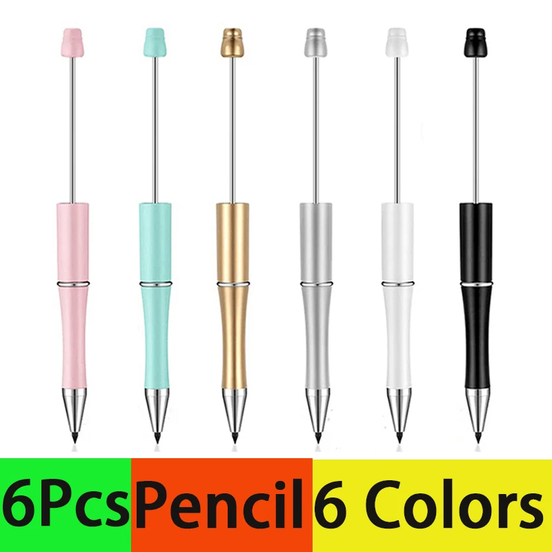 6Pcs DIY Beadable Pencil Inkless Pencil Plastic Bead Everlasting Pencil Infinity Reusable Pencil for Writing Drawing DIY Gift