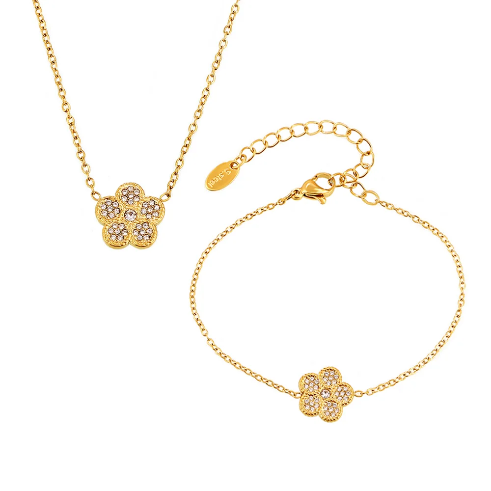 Stainless Steel Thin Chain Women Necklace Bracelets Zircon Flower Pendant Jewelry Sets For Women Wedding Party Gifts