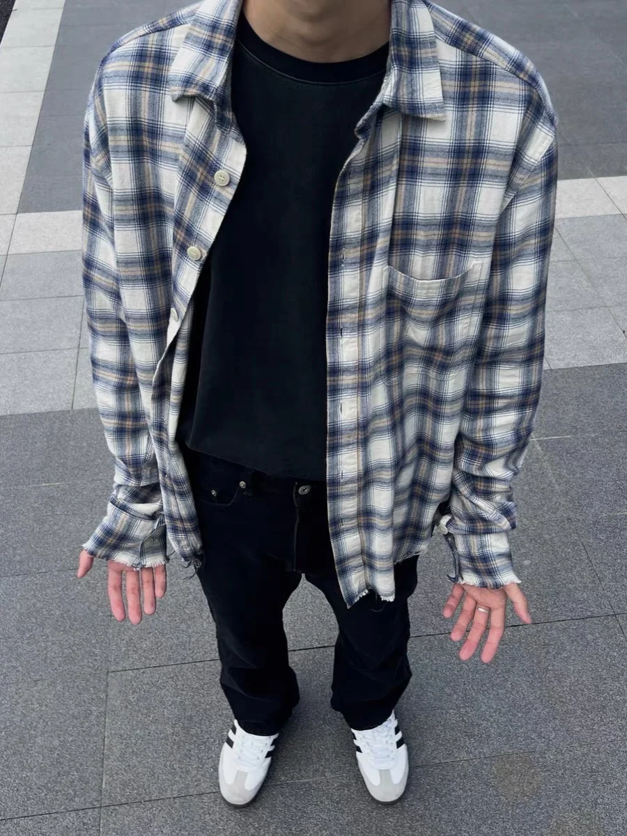 

American Tassel Destroy Design Plaid Men's irt Autumn Loose Retro id irt Coat Long Sve Turn-down Collar Other Scenes