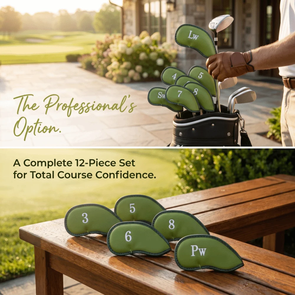 12pcs Bag Storage PU Leather Golf Iron Covers Green Soft Lining Club Head Covers Numbered Golf Club Covers Golf Bag Travel