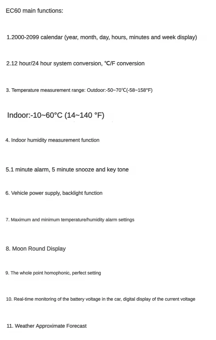 EC60 Large Screen 24V Backlight Car Clock Indoor and Outdoor Temperature and Humidity Weather Forecast Voltmeter Multifunctional