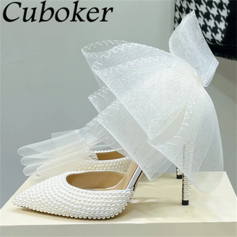 

2024 Summer Pointed Toe Pearl Thin High Heel Brides Shoes Women Fashion Bowknot Ankle Buckle Stilettos Sexy Party Wedding Pumps