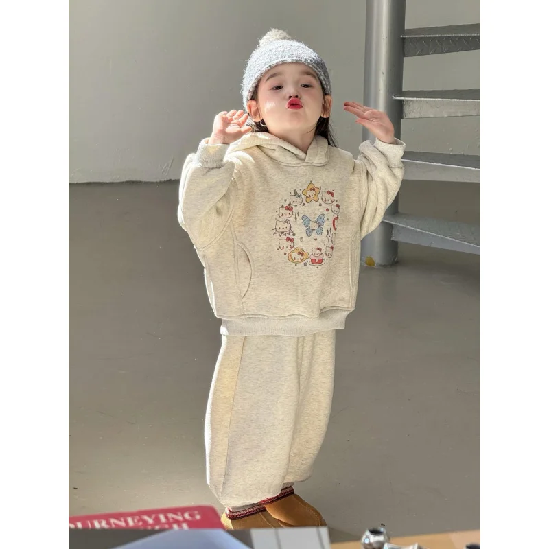 

Girls' Children's Outfit2025Winter New Cartoon Cute Fleece-Lined Hoodie and Sweatpants Children's Set Wholesale