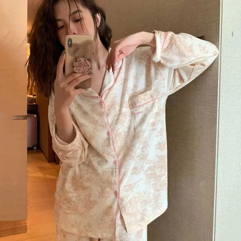 

NEW 2024 Fashion Cotton Sleepwear Women Spring Cute Pyjamas Long Sleeve 2pcs Pijama Set Can be Worn Outside