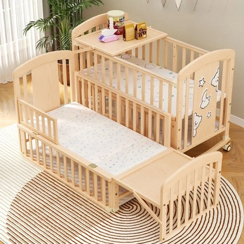 Cómoda cama para dormir para bebé, cama para bebé recién nacido de madera maciza, mecedora multifuncional para bebé con ruedas y mosquitera