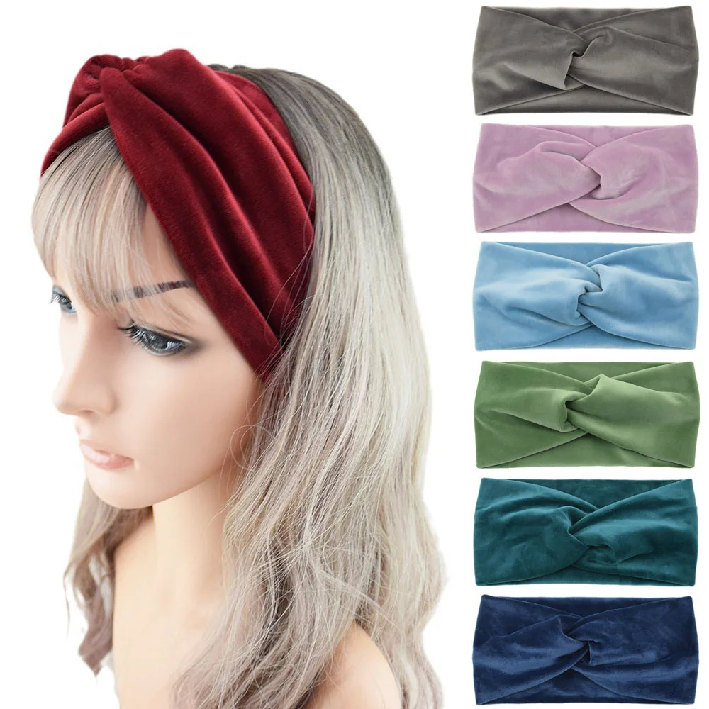 2023 New Short Velvet Cross Headbands Hair Accessories Warmer Ear Turban Headwrap Solid Color Soft Wide Elastic Hair Band DIY