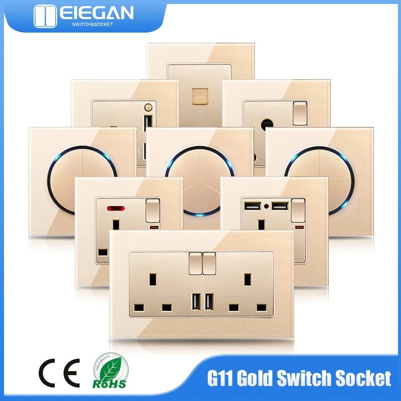 

ELEGAN G11 Series EU/UK/FR/UN Wall Switch High Power Socket USB 250V Gold Tempered Glass Panel 16A Lamp Water Heater Switch 45A