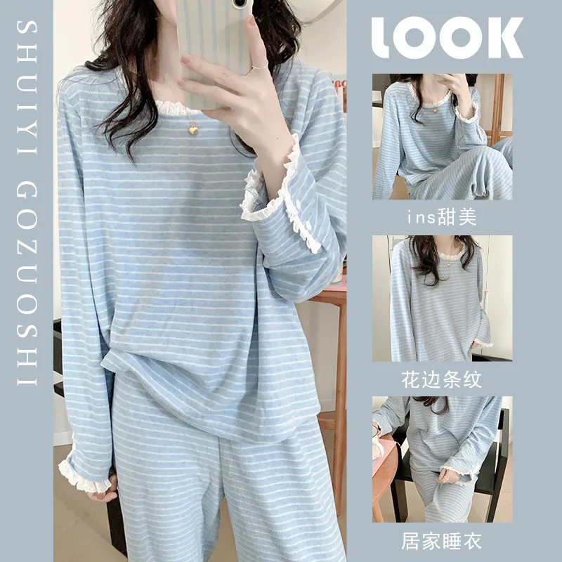 Damen Herbst Winter Gestreiftes Warmes Loungewear-Set Mädchen Damen Langarm-Spitzen-Pyjama Locker Sitzende Freizeitkleidung Frauen Teenager Pyjamahose