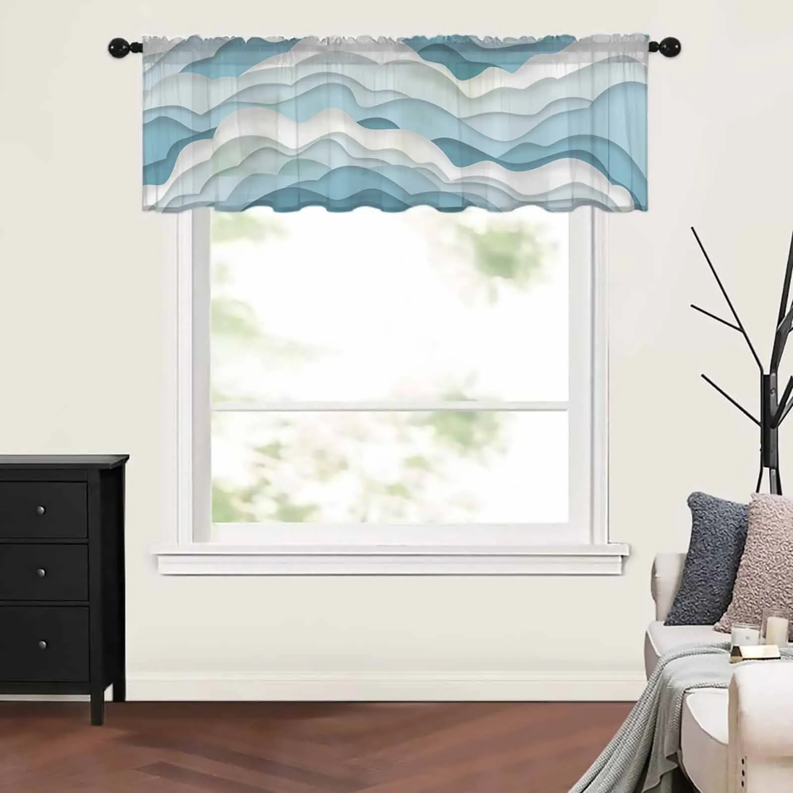 Ocean Waves And Waves Kitchen Curtains Tulle Short Sheer Curtain Bedroom Living Room Home Decor Voile Drapes