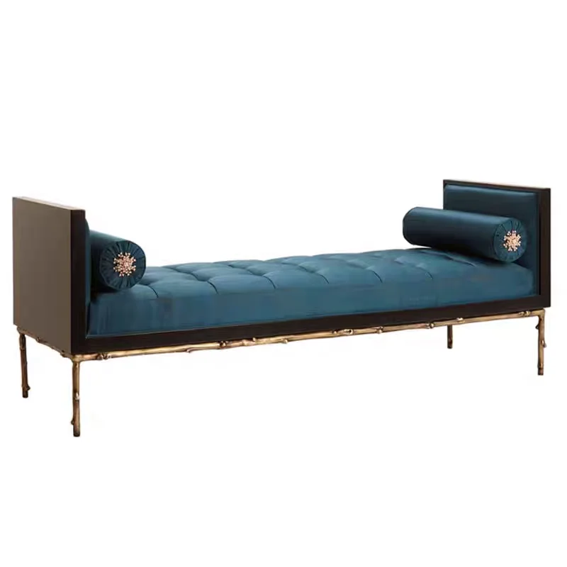 Luxury pure copper frame footstool Modern minimalist style soft velvet bed stool Available in color for designer
