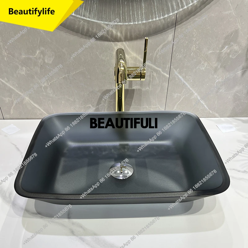 

a13 Trendy frosted tempered glass countertop basin, European gold tea color rectangular washbasin, gray artistic washbasin