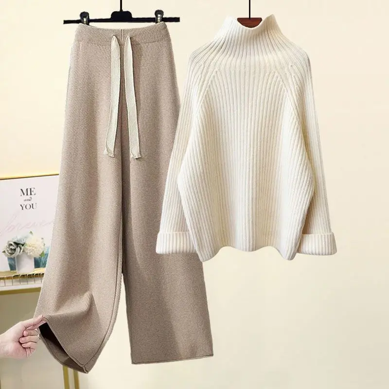 Autumn and Winter Set New Korean High Collar Knitted Sweater Women\'s Slimming and Age Reducing Wide Leg Pants Two Piece Set