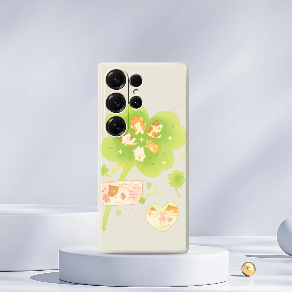 Чехол для телефона Cute Cat Four Leaf Clover для Samsung Galaxy S25 S24 S23 S22 S21 S20 Ultra Plus S10 Plus S24FE S23FE S22FE Soft Cover