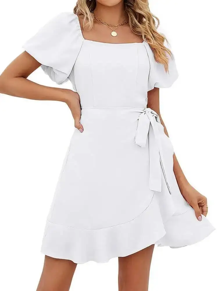 Chic 2025 Dames Zomer Wikkeljurk Korte Mouw Casual Vierkante Hals Ruche Mini-jurk Casual Los Polyester T-SHIRT Top ZCO8