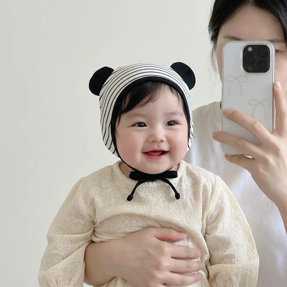 

Корейская весенняя детская шапка для новорожденных: милая мультяшная полосатая хлопковая шапка с ушками, регулируемая, на завязках, для улицы