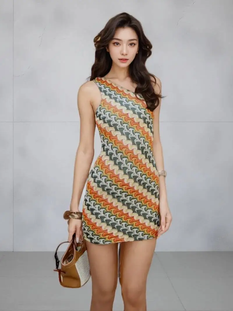 Irregular Printed Knitted Mini Dress For Women Chic Backless Slanted Shoulder Slim Dresses 2025 Summer Holiday Beach Robes 46F1