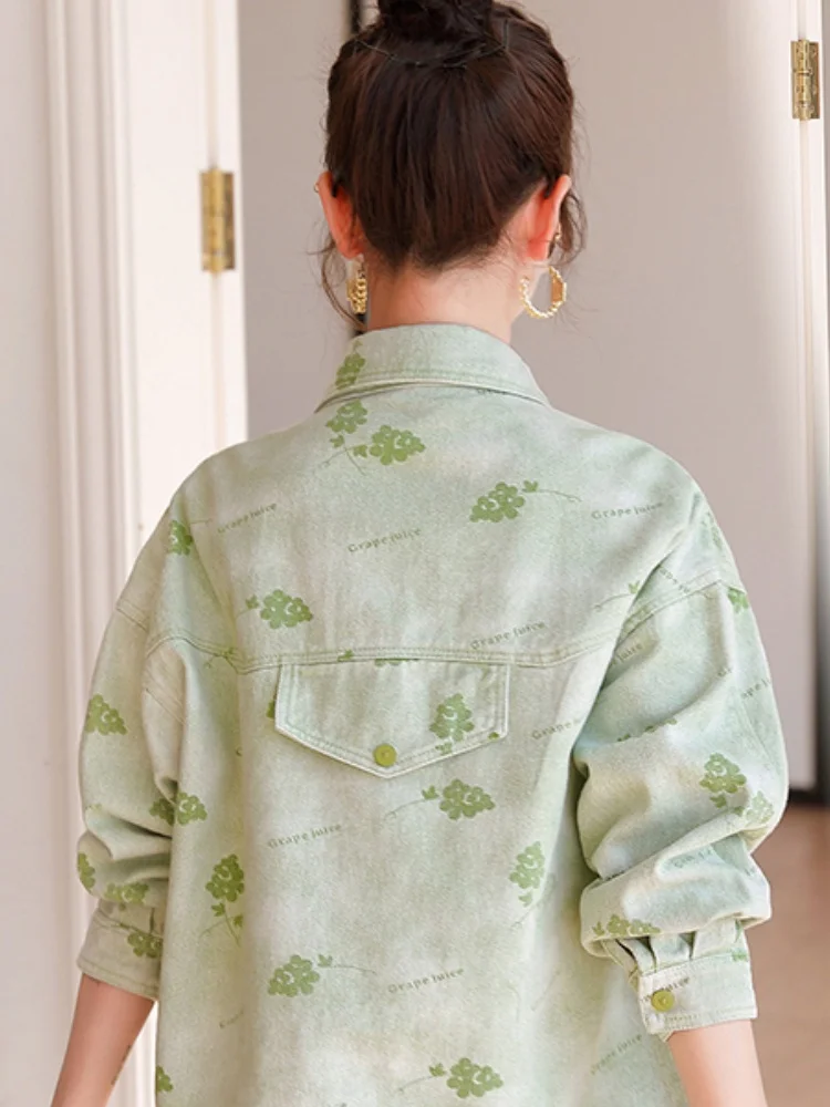 Losse casual dames denim Jaet lente seizoen print geen tag casual Sle lange Sve kraag knop ket detail